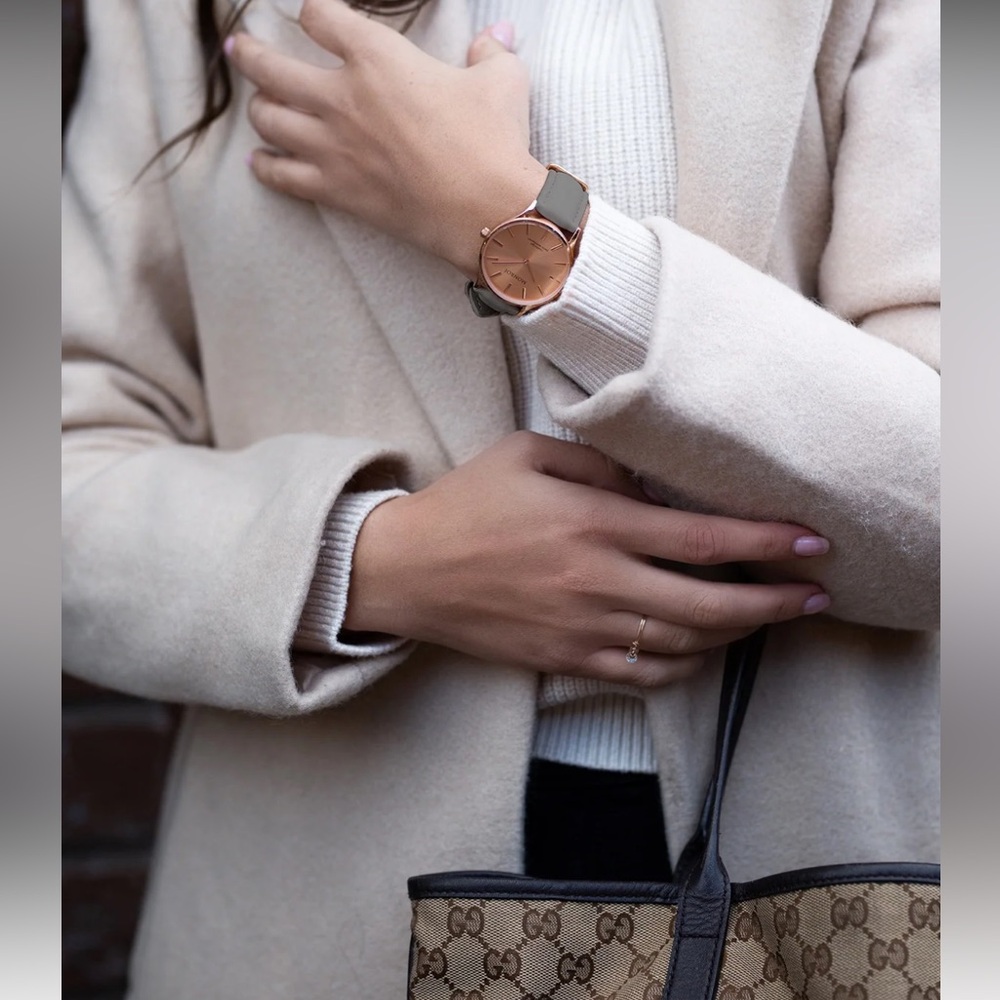 MONROE Sunburst Solerose Classique Gold Tone Watch, Leather Band, Case 36